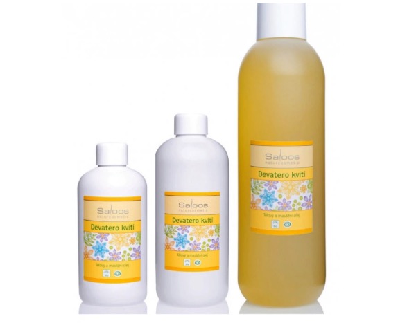 Bio masážní olej Saloos Devatero kvítí používaný v našem masérském studiu Masáže Plzeň a SM systém
