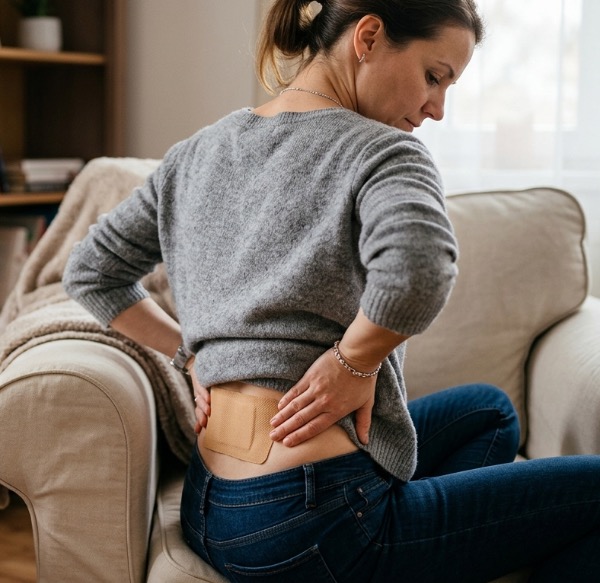 kapsaicinová náplast aplikovaná na bederní část zad